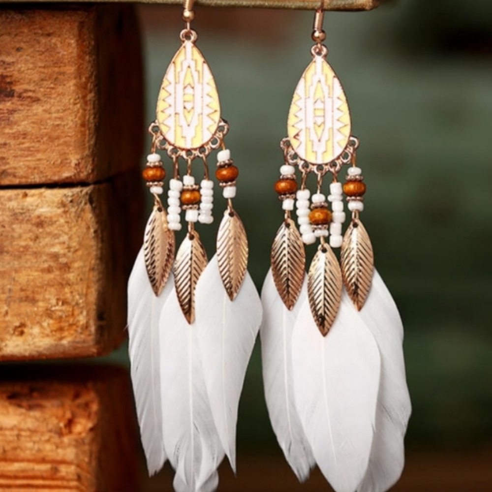 Boho Feather Beaded Earrings Gold Toned